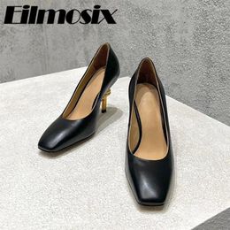 Dress Shoes 2024 Square Toe Golden Knot Heel Shallow Women Comfortable Office Real Leather Slip-On High Heels