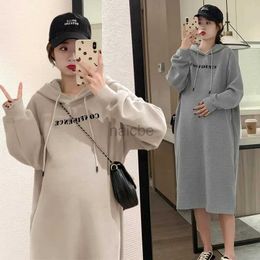 Maternity Dresses Korean Style Autumn and Winter New Pregnant Womens Sweater Dress Hooded Pullovers Side Split Maternity Hoodies Long Sweatshirts 240413