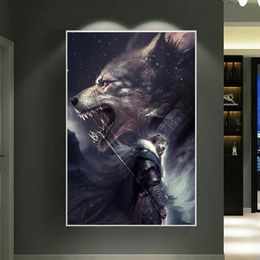 Abstract Norse Mythology Illustrated Warrior Wolf Cat Poster Print Canvas Painting Wall Art The Valkyrie of Odin Room Home Decor