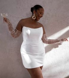 Sökülebilir eldivenli zarif kısa saten askısız gelinlik artı beden kolsuz beyaz vestido de novia mini uzunlukta fermuar kadınlar için gelin elbiseleri