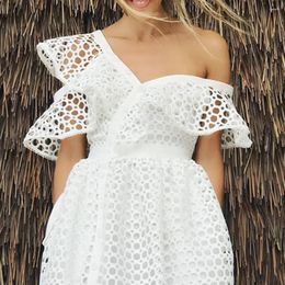 Ethnic Clothing 2024 Summer White Lace Dress Woman Elegant Hollow Out One Shoulder Off Ruffled Sexy Club Party Dresses Plus Size Women