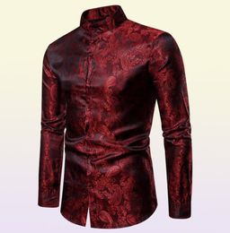 Fake Silk Paisley Tuxedo Shirts Autumn Streetwear Long Sleeve Mens Shirts Stand Collar Office Shirt Men Big and Tall Size XXL8472929