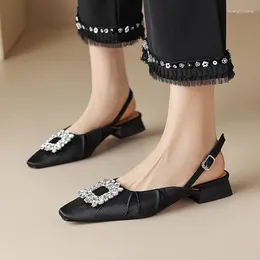 Casual Shoes Black Satin Shallow Slingback Flats Square Toe Crystal Buckle Moccasins Femmes Apricot Leisure Spring Espadrilles Creepers