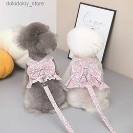 Dog Apparel Pet Clothin New Arrival Summer Dos reen Yellow Pink Floral Bow Dress Hanable Traction Rope Skirt Do Chest Back Skirt L7878 L49