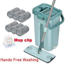 Touchless Mop Flat Floor Wash Mops Bucket Magic Cleaner SelfWring Squeeze Double Side Household Cleaning Automatic Drying 240412