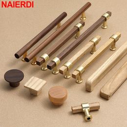 NAIERDI Walnut Wooden Cabinet Handles Zinc Alloy European Ash Kitchen Cabinet Knobs Gold Cupboard Door Pulls Door Hardware