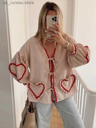 Women's Blouses Shirts Lace Up Shirts Women Elegant Loose Cute Love Top Female 2024 Spring Summer V-neck Long Slve Chic Soft Cotton Shirt Lady T240412