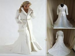 Whole fur A line Wrap strapless satin White Winter Wedding Dress Cloak Chapel Train Satin Long Sleeve Coat for bride5522834