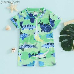 One-Pieces 0-3T New Baby Boy Sun Protection Beachwear Short-Sleeved Tree Fish and Coconut Tree Print Jumpsuit Summer Bikini Swimsuit Y240412