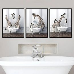 Funny Animals Penguin Dolphin Sloth Giraffe Playing In Bathtub Poster Print Canvas Painting Nordic Wall Art Bathroom Home Decor