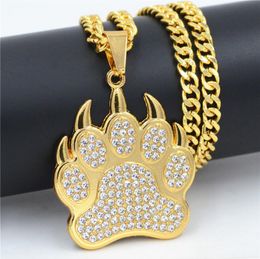 Hip Hop Bear paw footprint gold Pendants Necklaces Pendants Bling Bling Iced Out Crystal Necklaces Stainless Steel Rope Chain3386428