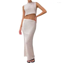 Work Dresses Women 2 Piece Skirt Sets Summer Clothes Sleeveless Hollow Out Knit Tank Tops And Long Set Sexy Club
