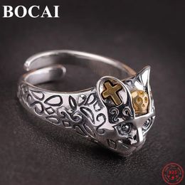 BOCAI S925 Sterling Silver Rings Fashion Classic Cat Head Cross Adjustable Hand Ornament Solid Argentum Jewelry for Women Men240412