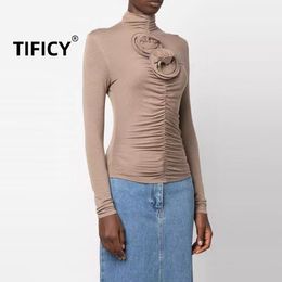 Autumn New Women's Product Stacked Collar Long Sleeve Slim Fit Front Fold Design 3D Flower Bottoming T-shirt Tops
