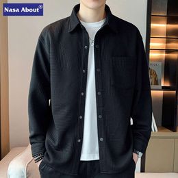 Designer Men's Polos Nasa Sleek and Stylish Mens Spring and Autumn Long Sleeved Casual Shirt Youth Student Solid Waffle Jacket Versatile