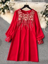 Casual Dresses Spring Luxury Golden Flower Embroidery Dress For Women's Long Sleeve O Neck Chic Wedding Festival A Line Mini Vestidos