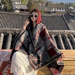 Autumn Winter Warm Thickened Plaid Cloak Women Hooded and Draped Casual Ethnic Style Scarf Air-conditioned Cape Jacket