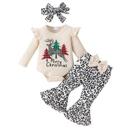 Baby Girls Christmas Outfits Christmas Tree Letter Print Ribbed Rompers Leopard Print Flare Pants Headband 3Pcs Fall Clothes Set