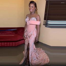 Party Dresses Blush Pink Prom Dress With Sheer Neck Appliques Side Split Evening Gowns Lace Up Back Aso Ebi Women