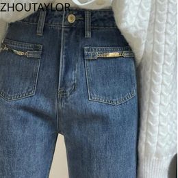 Women's Jeans ZHOUTAYLOR Women Japanes Style Pantalon Femme Office Lady Zippers Spring High Waisted Straight Pants Female S4208