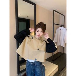 Women's Trench Coats Splicing a Short Windbreaker Jacket with Silhouette That Highlights High Visibility, Thin Weight, and Dyed Light Khaki Fabric