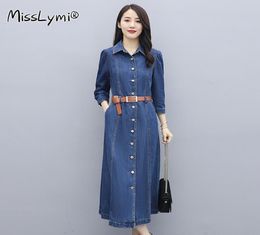 Elegant Blue Jean Dress For Ladies Autumn 2021 Fashion Turndown Collar Puff Sleeve Singlebreasted Denim Shirt Long Dresses Casua2256742