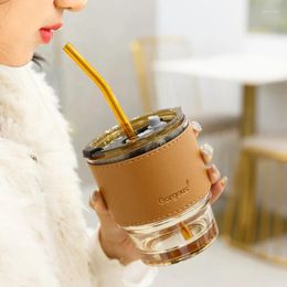 Wine Glasses Ins Style Portable Bamboo Joint Coffee Cup Glass Mug With Lids Straws Leak-proof Tea Mugs Leather Sippy