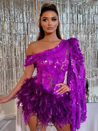Casual Dresses Women Luxury Dress Sexy One Shoulder Long Sleeve Sequins Purple Feather Mini Gowns Celebrity Elegant Evening Party Club