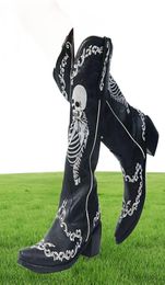 Women Skull Skeleton Selfie Cowboy Western Mid Calf Boots Pointed Toe SlipOn Stacked Heel Goth Punk Autumn Shoes Brand Designer Y9113839