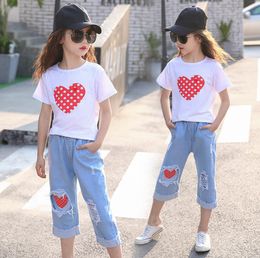 Girl Clothes Set Summer Clothes for Girl Short Sleeve Print Heart + Ripped Jeans Shorts Outfits Size 6 8 10 12 Years5326593