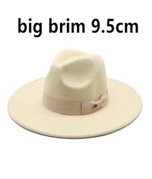 95cm Large Brim Wool Felt Fedora Hats With Bow Belts Women Men Big Simple Classic Jazz Caps Solid Colour Formal Dress Church Cap2488033