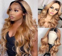 Body Wave Brazilian Remy Human Hair Perücken glühlos 13x6 Seidenbasis Spitze vordere Perücken Ombre 27 Blonde Farbe vorgezogen gebleichtes Knoten27099387