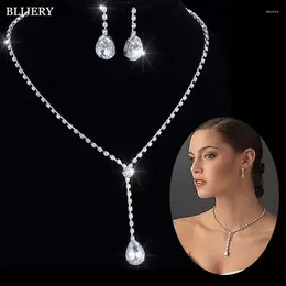 Necklace Earrings Set BLIJERY Simple Style Rhinestone Crystal Teardrop Long For Women Bridesmaid Bridal Wedding Jewellery