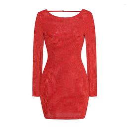 Casual Dresses Ailigou 2024 Summer Women's Red Sexy Dew Long Sleeved Sparkling Diamond Tight Mini Dress Elegant Celebrity Party