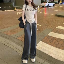 Women's T Shirts 2024 Summer Korean Fashion Suit Slim Short-sleeved T-shirt Wide-legged Trousers Casual Versatile Girls Two-piece Set