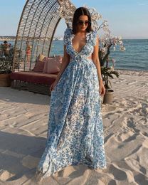 Casual Dresses Women Holiday Dress Summer Sleeveless V Neck Cut Out A Line Long Floral Garden Party Gowns High Street Going Beach