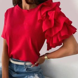 Women's T Shirts Fashion Layered Ruffle Short Sleeve Blouse Simple Shirt Asymmetric Summer Top Ladies Clothing