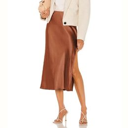 Women Satin Midi Skirt Summer High Waist Slim Slit Aline Pencil Skirts Fashion Office Elegant Party Female Clothing 240410