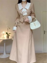 Womens Fragrant Style Lapel Blazer Suit Coat Wrap Midi Skirt OL Sets Vintage Tie Half Two Piece 240412