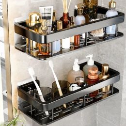 Bathroom Glass Shelf No Drill Organizer Shower Storage Rack Black Corner Shelves Wall Mounted Aluminum Toilet Shampoo Holder