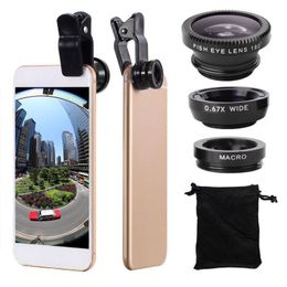 3 in 1 Fisheye Phone Len 0.67X Wide Angle Zoom Fish Eye Macro Lenses Camera Kits With Clip Lens For iphone Samsung Xiaomi Huawei