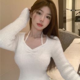 Women Pullover Korean Sweater Warm Bottomed Long Sleeved Thin Mink Hair Neck Hanging Autumn Winter Top