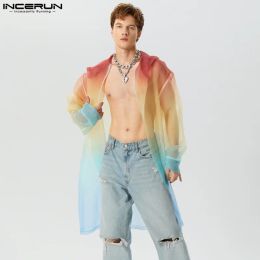 INCERUN Tops 2023 American Style Handsome New Men Gradient Mesh Hooded Cardigan Trench Casual Sexy Male Hot Selling Trench S-5XL