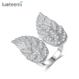 Cluster Rings LUOTEEMI CZ Fashion Wing-Shaped Adjustable Open Ring For Women Girl Party Dating Shiny Zirconia Feather Friend Christmas Gift