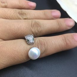 High Quality Leopard Head 925 Sterling Silver Real Fresh water Pearl Rings Brand Fashion Party Jewelry For Women240412