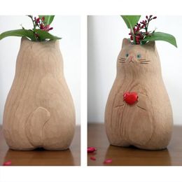 Handmade Wooden Cat Vase Resin Solid Wood Handmade Vase Modern Shelf Decor Accents Potted Ceramic Vase for Plant Flower