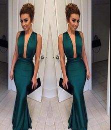 Simple Dark Green Mermaid Prom Dresses with Deep V Neck Sexy Backless Floor Length Formal Evening Party Gowns Custom Made Cheap Dr8780890