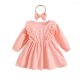 Girl Dresses Toddler Baby Cotton Linen Dress Smocked Fall Solid Ruffle Long Sleeve A-line Flowy With Headband