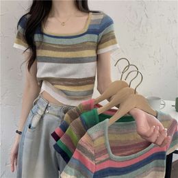 Rainbow Striped Sleeved Square Necked Knit T-shirt for Women's Summer Slim Fit and Slimming Short Top Instagram Trend