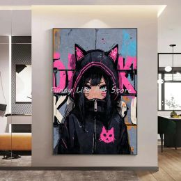 Japanese Graffiti Anime Cute Cat Girl Kawaii Posters and Prints Canvas Printing Wall Art Picture for Living Room Home Decor Gift